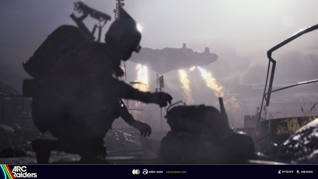 A Raider takes cover while the ARC Frigate hovers above the battlefield