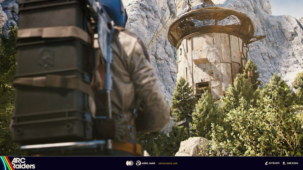 A Raider approaches the tower shown in Embark's Outpost artwork