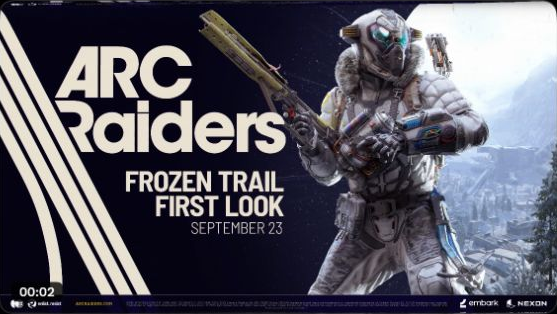 Official ARC Raiders Frozen Trail First Look card showing September 23 and a Raider in white winter gear.