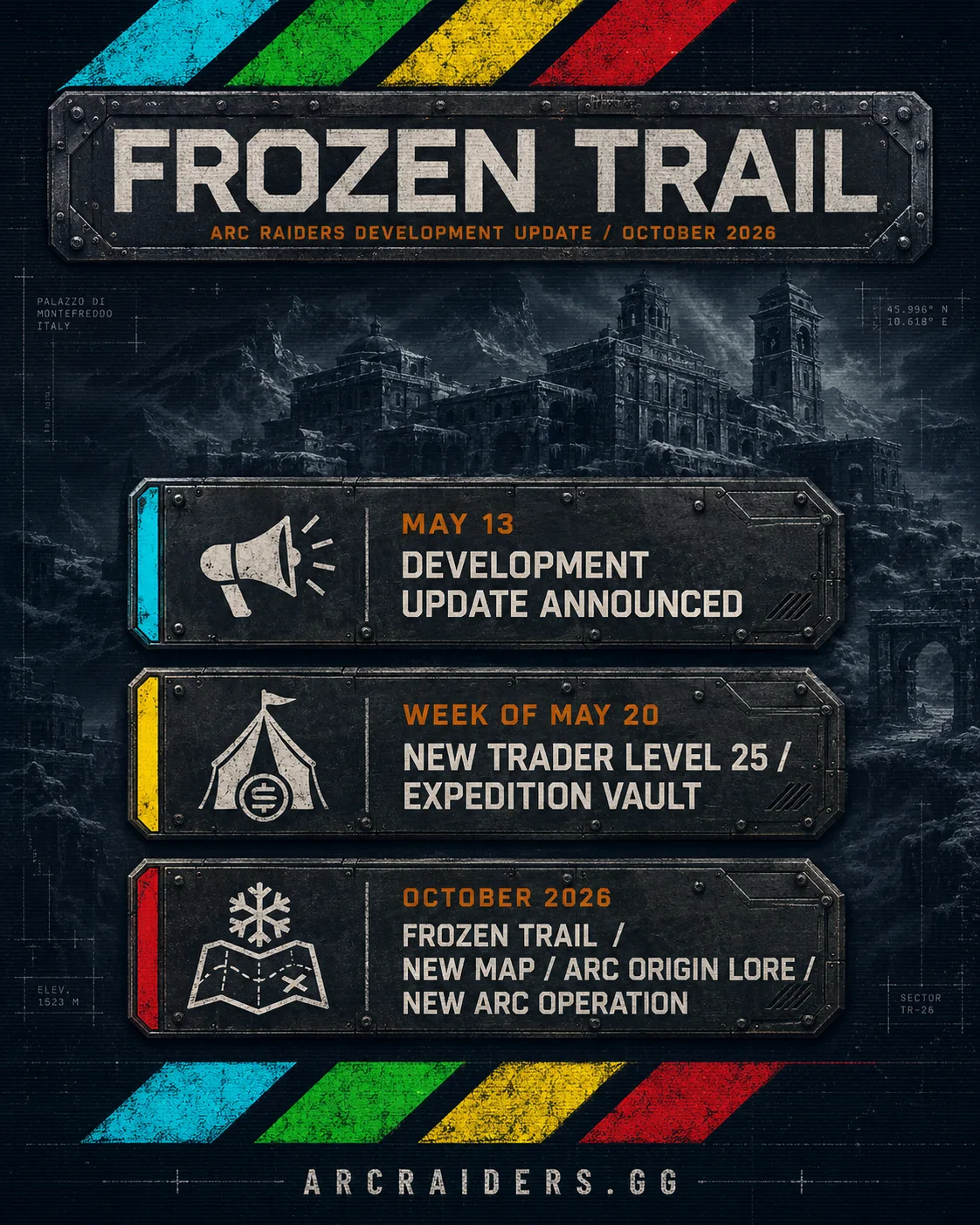 ARC Raiders Frozen Trail development update infographic showing the bi-annual update cadence, the May 20 new trader release, and the October Frozen Trail features