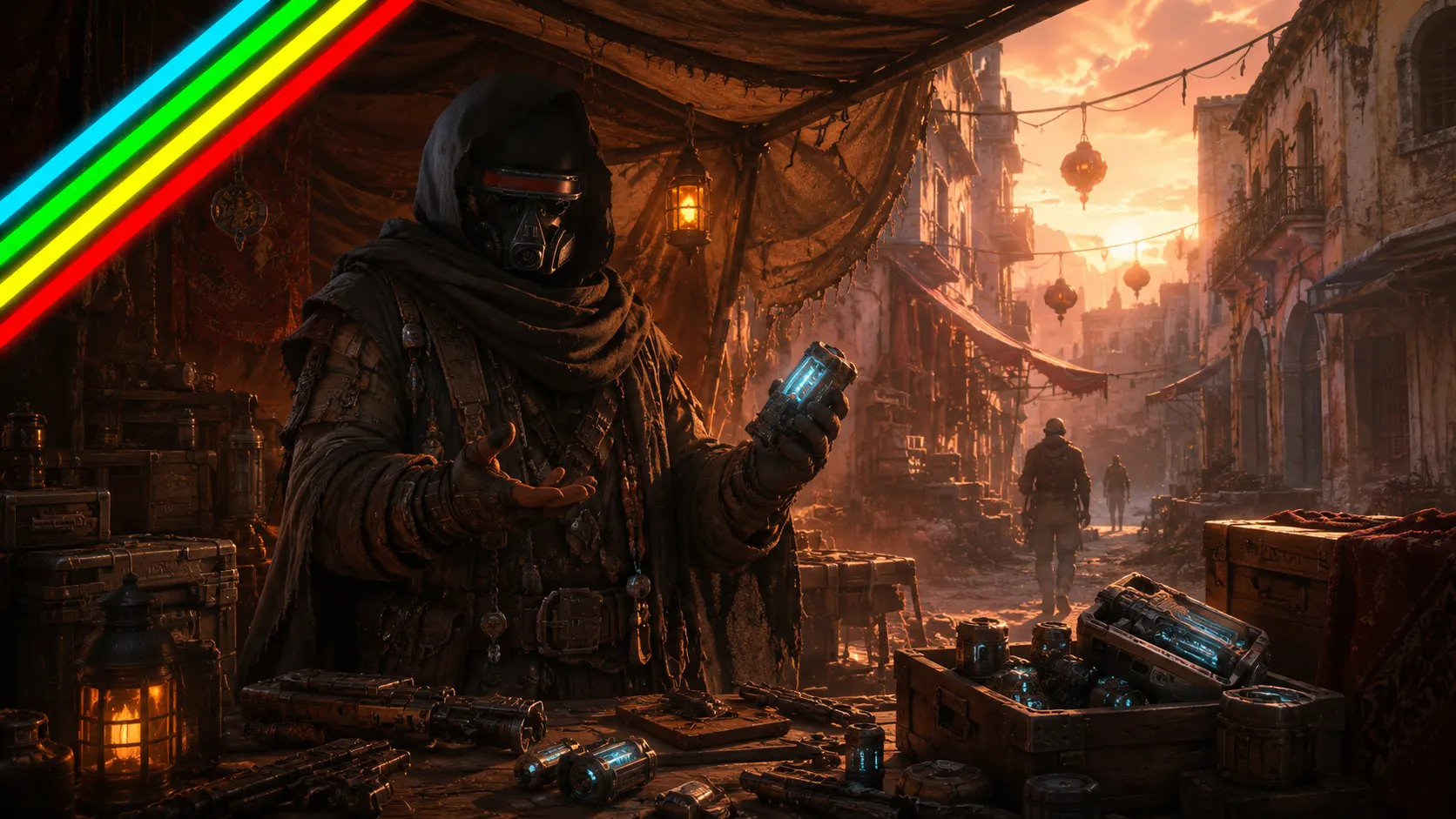 Ermal the nomadic envoy trader in ARC Raiders at his makeshift fabric-walled stall in Speranza