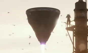 The ARC Turbine, a cone-shaped floating machine with a glowing underside, hovering beside a tower as birds circle it