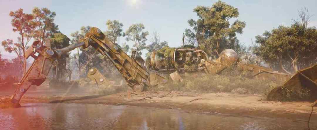 The rusted, overgrown husk of a giant multi-legged ARC machine lying at the edge of a marsh