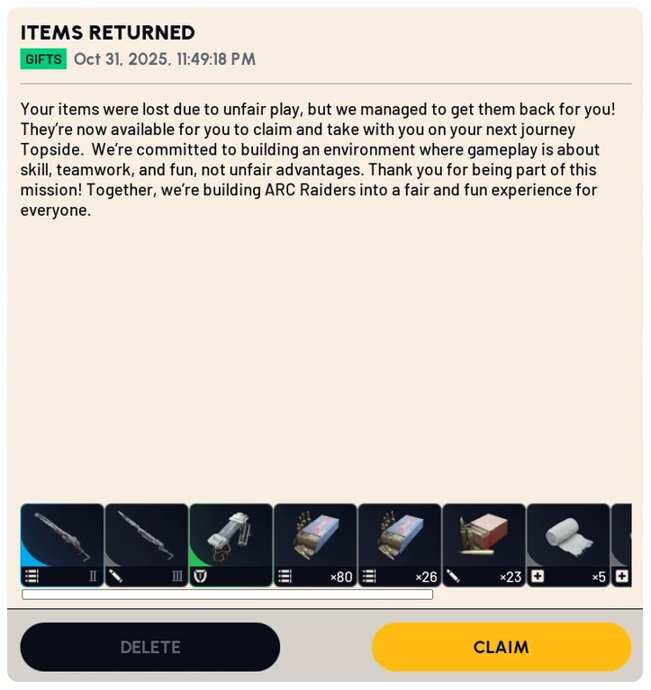 ARC Raiders in-game mail showing returned items after abnormal match circumstances