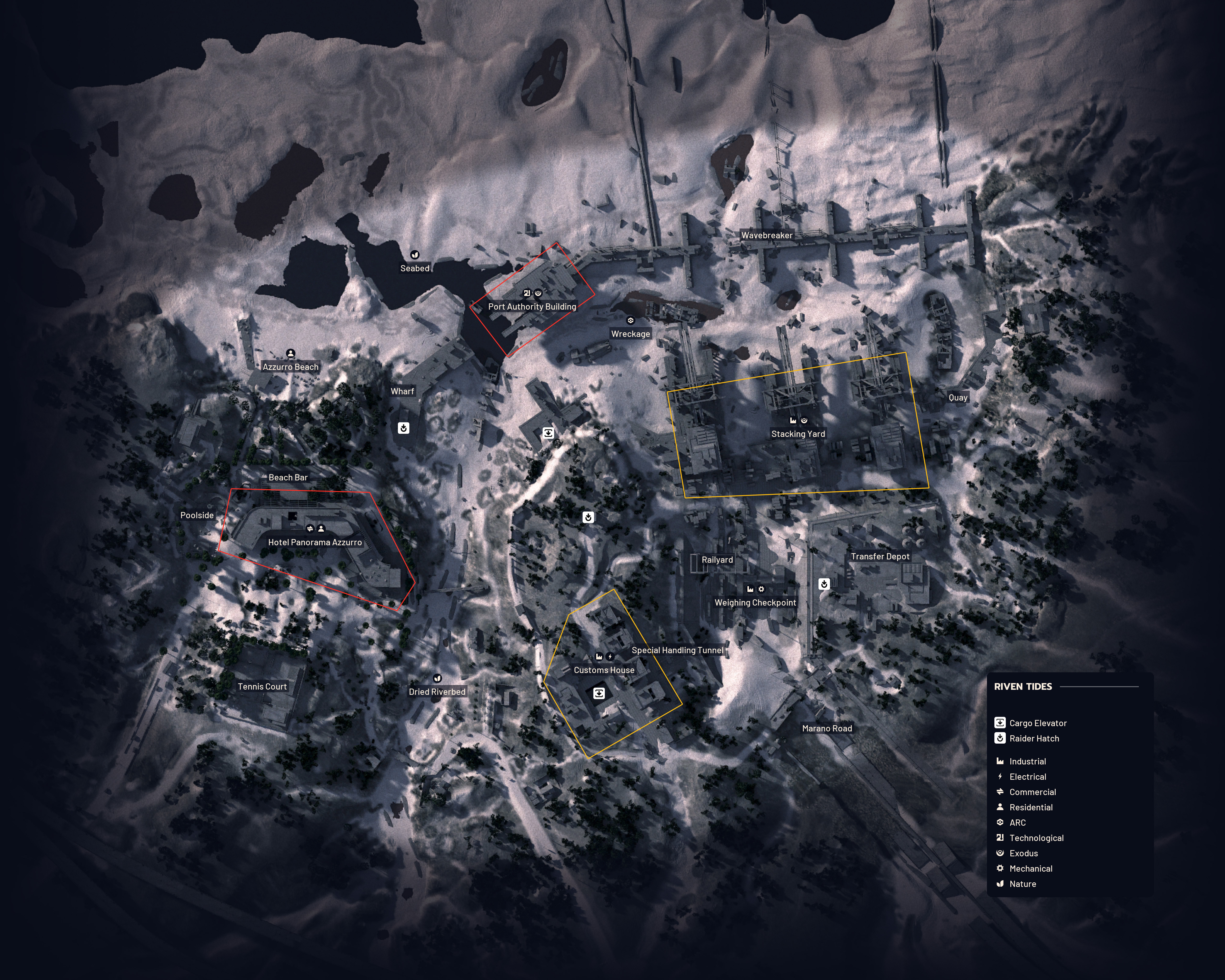 Riven Tides map with labeled locations including Hotel Panorama Azzurro, Azzurro Beach, the Stacking Yard, the Port Authority Building, the Customs House and Marano Road